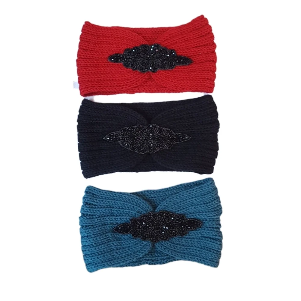 3 Pieces Set Headband Womens Winter Ear Warm Crystal Beads Turban Headwrap New